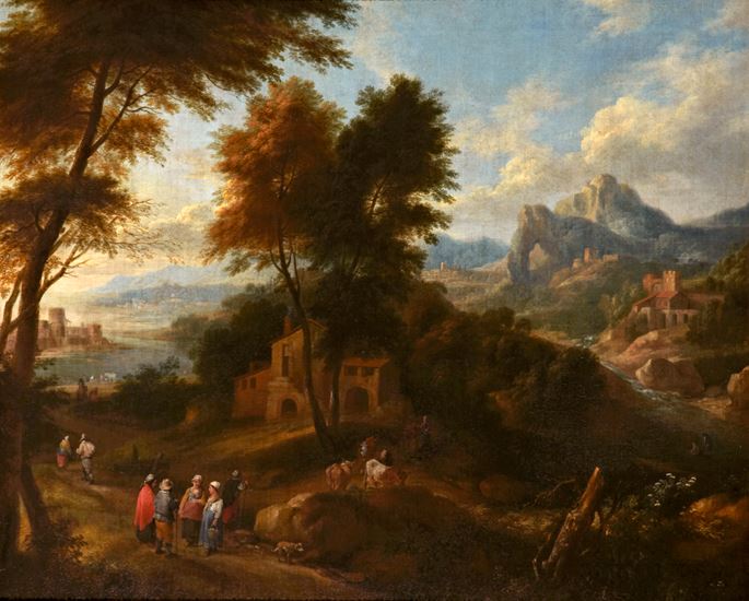 Adraen Frans Boudewijns  - An Extensive River Landscape with Figures around a Village with a Town in the Distance &amp; An Extensive Mountainous Landscape with Figures before a Building  | MasterArt